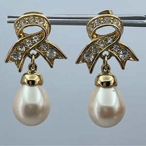 Vintage-Inspired Crystal Ribbon & Pearl Drop Earrings